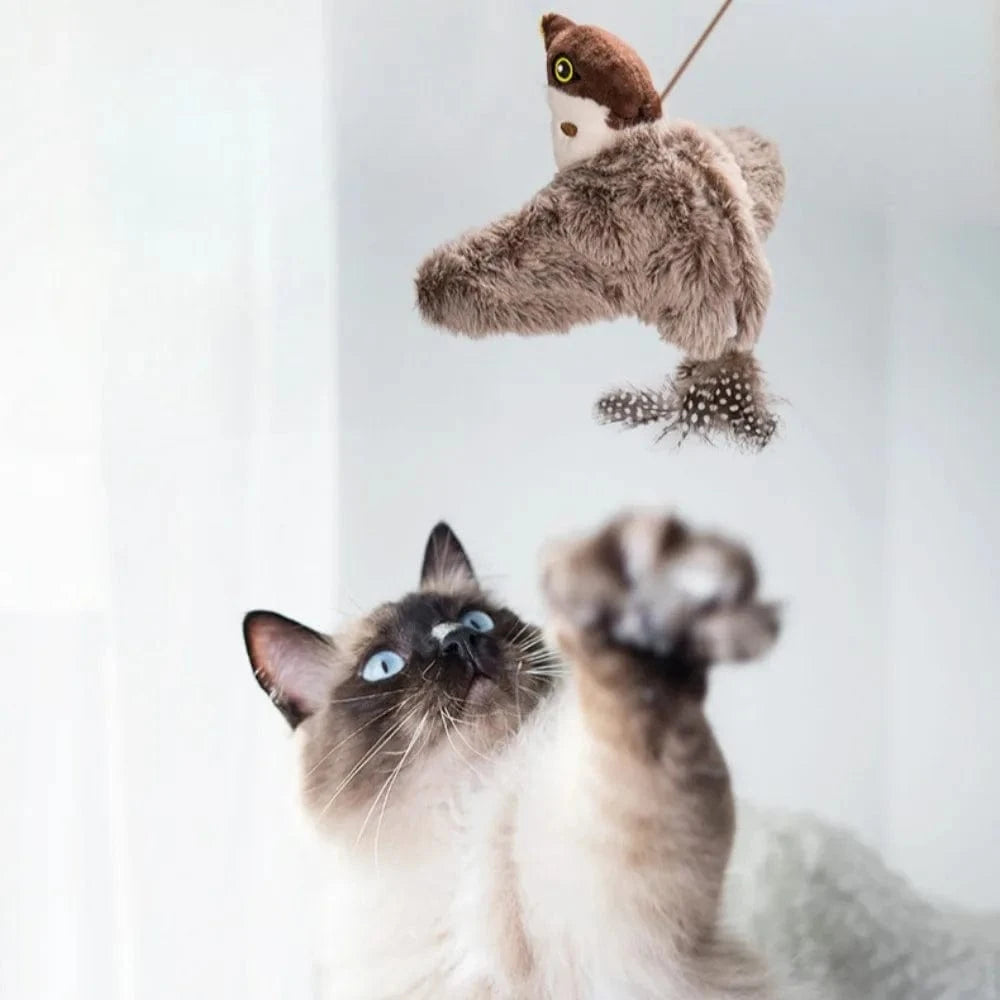 Simulated Bird Cat Toy Touch Sensitive Plush Toy Rechargeable Chirping Flapping Bird Cat Toy Touch Squeak Bird Plush Toy Brown